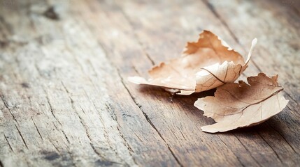 Poster - Dry Brown Leaves on Rustic Wooden Surface Creating a Vintage Aesthetic : Generative AI