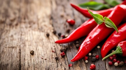 Poster - Spicy Red Chili Peppers on Rustic Wooden Table with Peppercorns : Generative AI