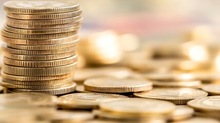 Leinwandbilder - Closeup view of shiny coins stacked together creating an attractive composition with golden hues : Generative AI