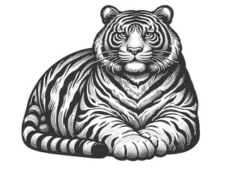 Wall Mural - Fat chubby tiger with bold stripes and a playful demeanor, blending humor and artistic detail sketch engraving generative ai raster illustration. Scratch board imitation. Black and white image.