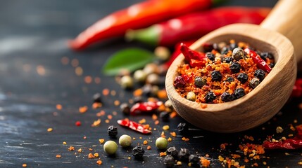 Poster - Colorful assortment of spices and dried chilies in wooden spoon on dark background : Generative AI