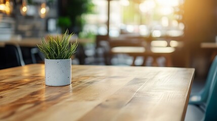 Leinwandbilder - Elegant indoor greenery arrangement on a wooden dining table in a warm cafe setting : Generative AI