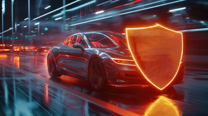 Poster - futuristic car with glowing shield, symbolizing protection and speed, races through neon lit city