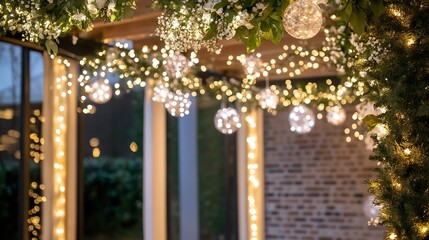 Poster - Beautifully Decorated Venue with String Lights and Flowers for Celebrations : Generative AI