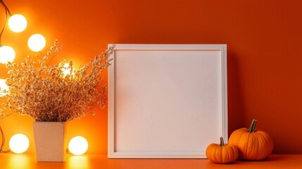 Poster - A vibrant orange backdrop sets the stage for a pristine white frame, inviting creativity. Nearby, warm lights and decorative pumpkins enhance the inviting autumn vibe