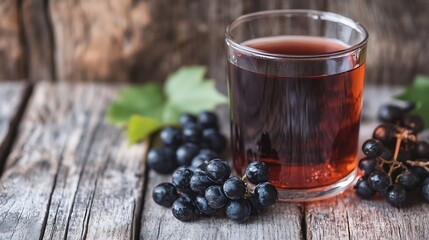 Poster - Refreshing glass of rich red grape juice surrounded by fresh grapes on a wooden table : Generative AI