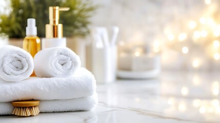 Poster - Luxury spa setup with white towels and skincare products arranged in a cozy atmosphere : Generative AI
