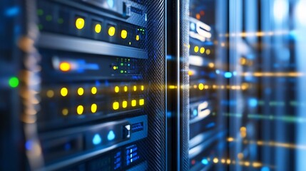 Poster - Closeup of server room with blinking lights and multiple data storage units for digital operations : Generative AI