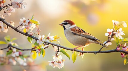 Naklejka na meble Springtime Sparrow: A Bird on a Blossoming Branch