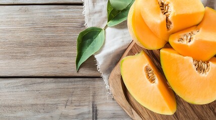 Poster - Freshly Cut Slices of Sweet Ripe Melon on Wooden Cutting Board with Natural Light : Generative AI