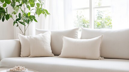Poster - Elegant and minimalistic white couch adorned with plush pillows in a bright living space : Generative AI