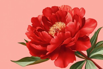 Canvas Print - Vibrant red peony flower illustration on a soft pink background, capturing the beauty of nature with vivid colors and intricate petal details