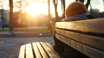 Poster - Child in warm hat sitting on park bench enjoying sunset and peaceful atmosphere : Generative AI