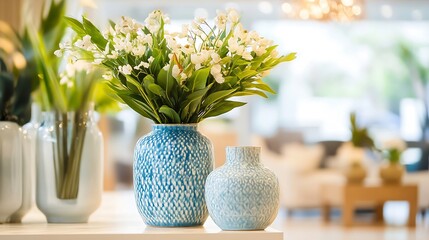 Poster - elegant decorative vases with flowers brightening up a modern living space in soft lighting : genera