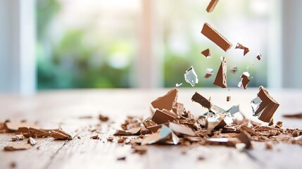 Poster - Dynamic capture of chocolate pieces shattering into fragments on a wooden table in soft light : Generative AI