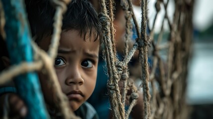 Aufkleber - Closeup portrait of a sad young boy looking through woven structure outdoors : Generative AI