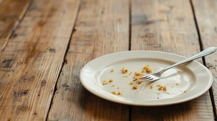 Aufkleber - Empty plate on rustic wooden table with crumbs and fork hinting at a meal recently enjoyed : Generative AI