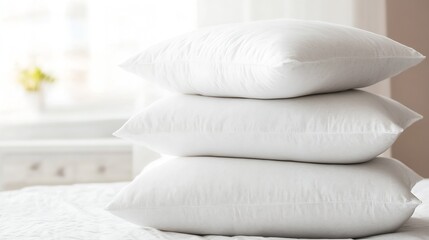 Poster - Aesthetic arrangement of three fluffy white pillows on a clean bed showcasing comfort and tranquility : Generative AI