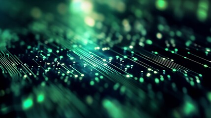 Aufkleber - Abstract digital background showcasing bright glowing circuits and particles in shades of green on a dark canvas : Generative AI