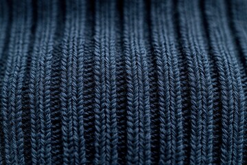 Poster - Detailed macro shot of textured navy blue knitted fabric, creating an inviting, warm background with its intricate ribbed pattern and subtle, soft fibers.