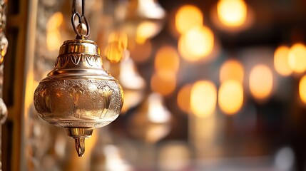 Poster - Antique brass lantern hanging elegantly with a blurred background creating a warm and inviting atmosphere : Generative AI