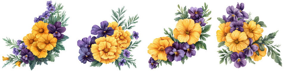 Wall Mural - Vibrant and Colorful Floral Arrangement Featuring Purple and Yellow Flowers Greenery Leaves and Petals in a Natural Botanical Composition