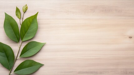 Poster - Fresh Green Leaves Placed on a Smooth Wooden Surface for a Natural and Organic Look : Generative AI