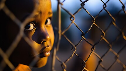 Poster - A close portrait of a young child peering through a chain link fence during twilight hours : Generative AI