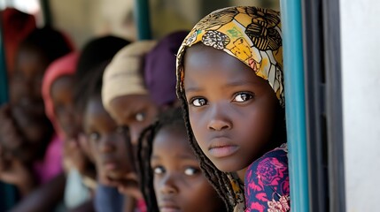 Poster - Intense portrait of a young girl gazing from a bus window capturing innocence and curiosity : Generative AI