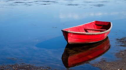 Poster - Beautiful red boat reflected in serene water creating a tranquil and captivating scene : Generative AI
