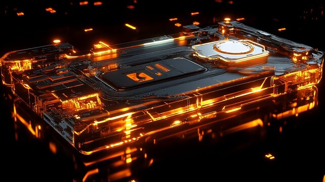 Futuristic Tech Device: Glowing Orange Circuitry