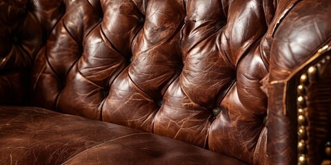 Poster - A brown leather couch with a gold trim