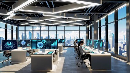Poster - Sunlight illuminates businesswomen working on computers in a modern office with large windows offering a panoramic view of a city skyline, captured in slow motion
