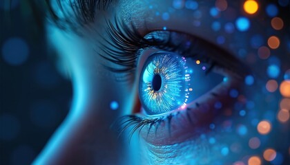 Poster - close-up of human eye with digital data stream. blue iris, light dots reflects future tech, ai colle