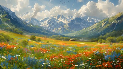 Wall Mural - train moving through a valley filled with wildflow dbbafbcfdea AI generated illustration