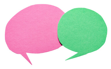 Poster - Pink green blank cut out cardboard paper speech bubbles with rough edges and copy space for text on transparent png background conversation discussion design element