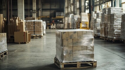 Poster - Warehouse Inventory: Cardboard Boxes Stacked on Pallets, Efficient Storage and Logistics Management in a Modern Distribution Center.