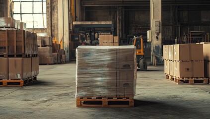 Poster - Warehouse Inventory: Cardboard Boxes on Pallets Secured with Shrink Wrap in a Large Industrial Facility
