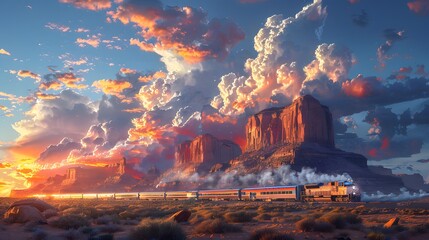 Wall Mural - train passing through a rocky desert with towering eaaffebdbdeedbc AI generated illustration