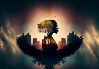 Aufkleber - A silhouette of a person with a tree growing from their head, and a city outline in their body, stands against a dramatic, dark background with wing-like shapes.