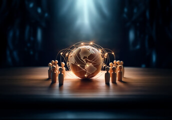 Leinwandbilder - A glowing globe is encircled by wooden figures on a table, bathed in light rays.  It represents global connection and network.