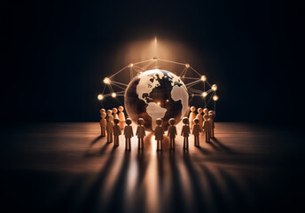 Leinwandbilder - Miniature figures encircle a glowing globe beneath a network of lights, symbolizing global connection and unity.