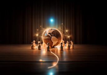 Leinwandbilder - Illuminated globe on a stage surrounded by wooden figures connected by glowing lines, suggesting worldwide network and digital communication.