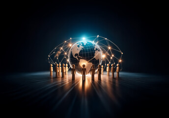 Fototapete - A group of figures encircles a glowing globe, linked by radiant lines.  It symbolizes worldwide connection and digital networking in a dark environment.