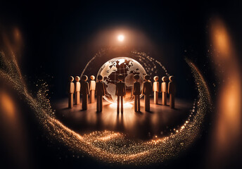 Leinwandbilder - Golden figures stand in circle around a bright globe in darkness, illuminated by a central light source.  Sparkling particles surround them, suggesting global unity and connection.