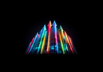 Leinwandbilder - Vibrant, colorful arrows illuminate the dark background, pointing upwards with glowing streaks of light. Abstract representation of growth and forward direction.