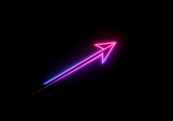 Wall Mural - Vibrant neon arrow, illuminated in pink and blue, points upwards on a dark background, suggesting direction and progress.