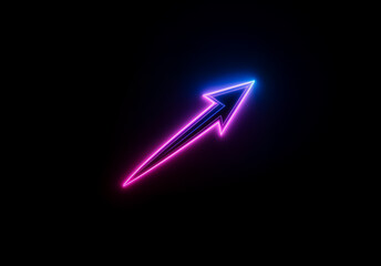 Fototapete - A vibrant arrow crafted from neon light, radiates in pink and blue, pointing upwards and right on a stark black backdrop, symbolizing forward motion.