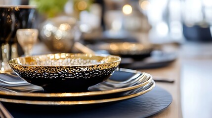 Poster - Sophisticated table setting featuring elegant black and gold dinnerware with a luxurious atmosphere : Generative AI