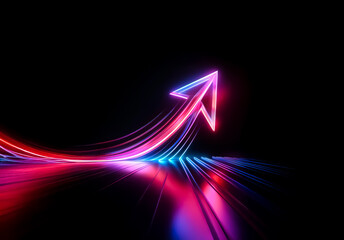 Wall Mural - Vibrant neon arrow pointing up with red and blue light trails on a black backdrop, symbolizing forward motion and advancement.